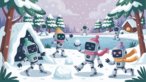 Snowy Winter Scene Featuring AI Robots Engaged in Snowball Fight Surrounded by Frosty Pines, Ice, and Playful Holiday Atmosphere in Futuristic Outdoor Setting