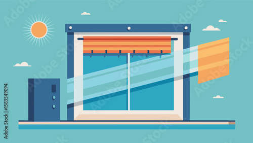 Automated shade curtains that automatically roll out during peak sunlight hours to regulate temperature and prevent overheating.. Vector illustration