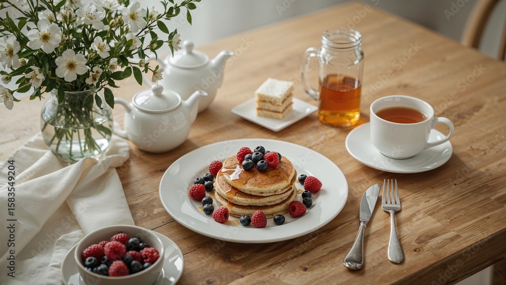 Springtime breakfast scene with berries and pancakes arranged on a wooden table, creating a cozy atmosphere. Springtime breakfast scene with berries and pancakes arranged on a wooden table, creating a cozy atmosphere.