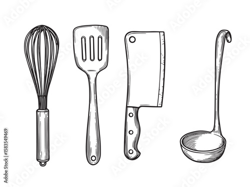 Black and white engraved illustration of kitchen tools including whisk cleaver ladle and spatula