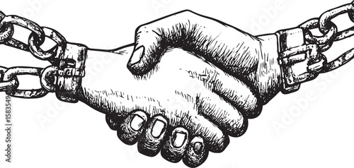 Handshake of prisoners in shackles with chain sketch engraving vector illustration. Scratch board style imitation. Black and white hand drawn image.