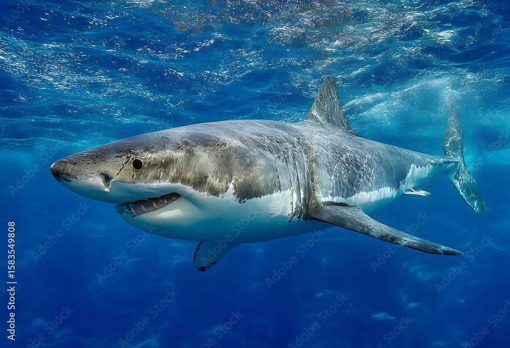 Naklejka premium Great white shark in deep blue water.