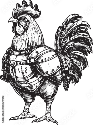 Rooster cock bird in knight armor sketch engraving vector illustration. Tee shirt apparel print design. Scratch board style imitation. Black and white hand drawn image.