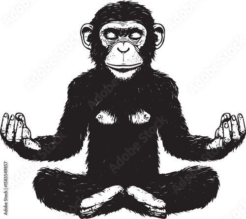 Chimpanzee monkey meditating in Lotus position sketch engraving vector illustration. Tee shirt apparel print design. Scratch board style imitation. Black and white hand drawn image.
