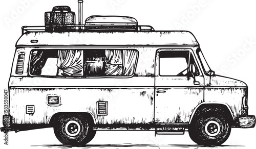 Camper van vehicle trailer sketch engraving vector illustration. Tee shirt apparel print design. Scratch board style imitation. Black and white hand drawn image.