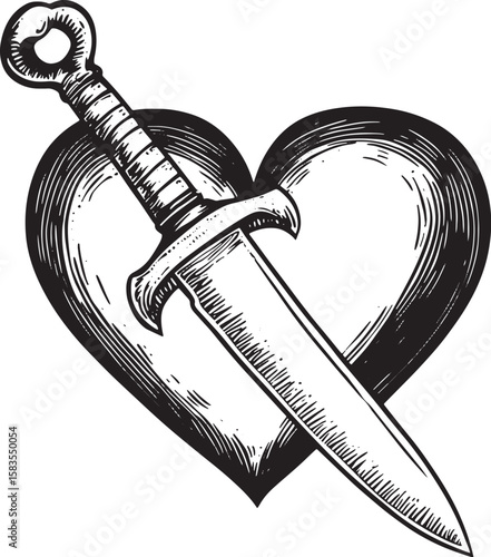 Heart symbol pierced with knife dagger weapon sketch engraving vector illustration. Romantic love lovesickness symbol. Tee shirt apparel print design. Scratch board imitation.