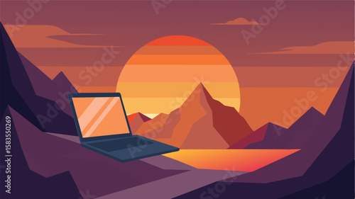 As the sun sets behind the distant peaks a laptop sits on a rocky ledge its screen reflecting the warm orange hues of the sky.. Vector illustration