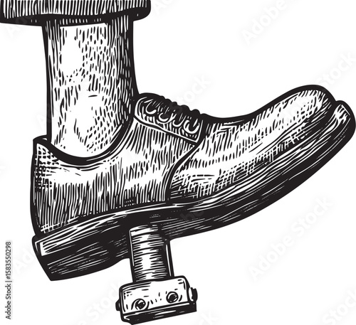 Foot presses throttle car accelerator pedal sketch engraving vector illustration. T-shirt apparel print design. Scratch board style imitation. Black and white hand drawn image.