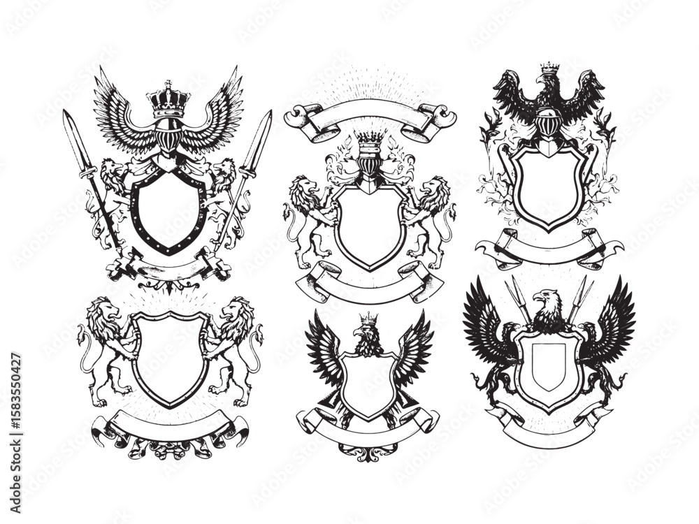Obraz premium Engraved heraldic shields and emblems with lions banners and scrolls in vintage classic style