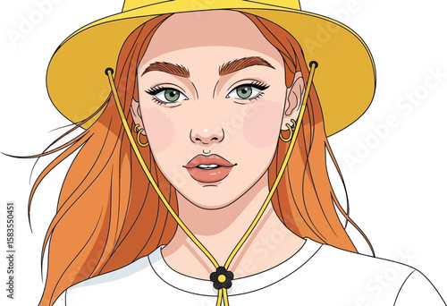 Beautiful redhead girl cartoon portrait in hat with transparent background