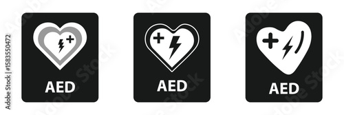 Set of AED emergency defibrillator icon sign symbol. First aid Automated external defibrillator. Eps 10.