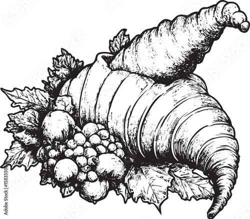 Cornucopia horn of plenty sketch engraving vector illustration. T-shirt apparel print design. Scratch board imitation. Black and white hand drawn image.