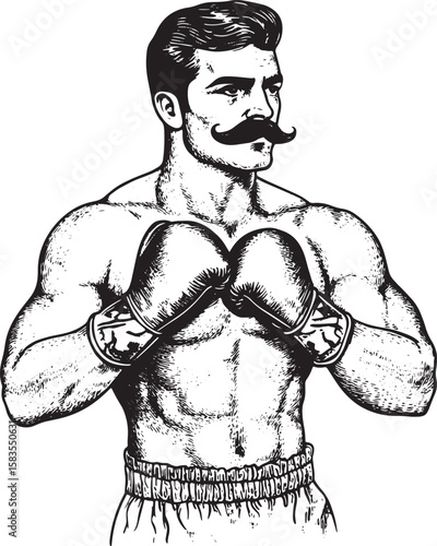 Vintage boxer fighter with mustache sketch engraving vector illustration. T-shirt apparel print design. Scratch board imitation. Black and white hand drawn image.