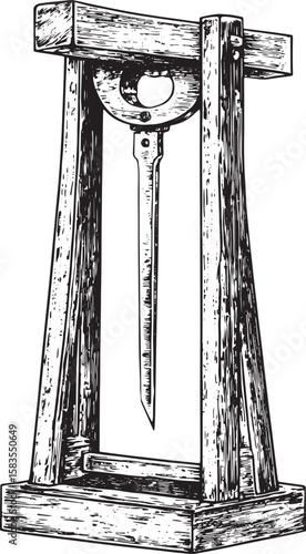 Guillotine medieval execution sketch engraving vector illustration. T-shirt apparel print design. Scratch board imitation. Black and white hand drawn image.