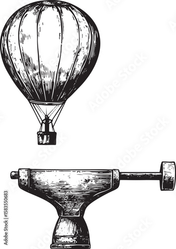 Blacksmith anvil is flying on air balloon sketch engraving vector illustration. T-shirt apparel print design. Scratch board style imitation. Black and white hand drawn image.