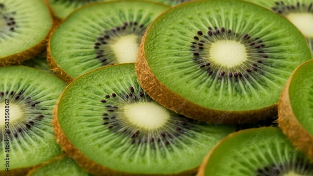 A close-up captures sliced kiwis. Green flesh with black seeds surrounds a white center, while the outer skin is a brown rind A close-up captures sliced kiwis. Green flesh with black seeds surrounds a white center, while the outer skin is a brown rind