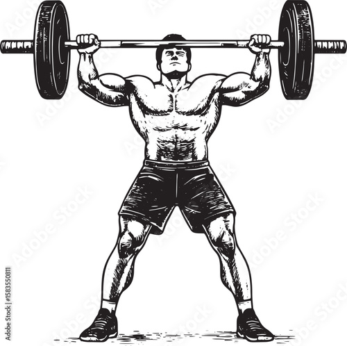 Athlete weightlifting barbell sketch engraving vector illustration. T-shirt apparel print design. Scratch board imitation. Black and white hand drawn image.