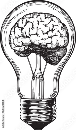 Lamp bulb with brain inside sketch engraving vector illustration. T-shirt apparel print design. Scratch board imitation. Black and white hand drawn image.