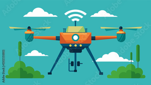 An illustration depicts a crop dusting drone equipped with IoTbased sensors that can detect pest hotspots and spray targeted areas with pest control chemicals.. Vector illustration