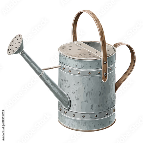A rustic watering can in hand-drawn style evokes traditional gardening, care for nature, and organic plant growth.