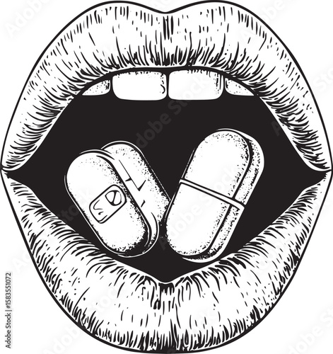 Tongue with drug narcotic pill and LSD stamp sketch engraving vector illustration. Scratch board style imitation. Black and white hand drawn image.