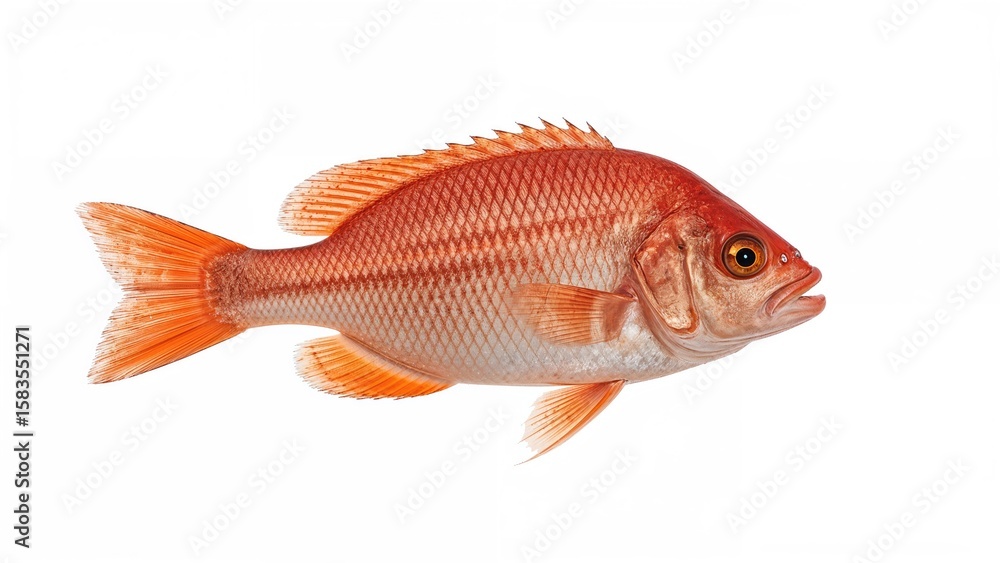 Red fish species isolated on white background showing detailed features and vibrant color of the scales and fins Red fish species isolated on white background showing detailed features and vibrant color of the scales and fins