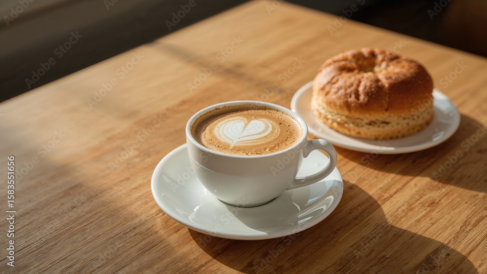 Obraz premium Breakfast served with a cup of cappuccino and sliced bread