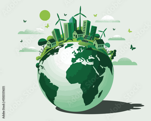Eco-conscious Earth illustration with green cityscape, wind turbines, solar panels, and wildlife—symbolizing global sustainability and harmony