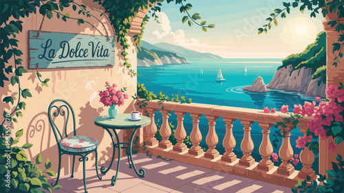 Sunny Italian balcony with sea view, floral decor, teacup, and “La Dolce Vita” sign—evoking peace, charm, and Mediterranean leisure