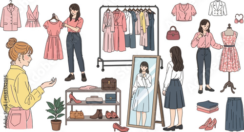 Fashion illustration showcases women's clothing and accessories with a stylist