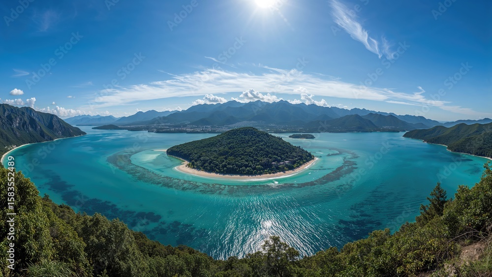 Stunning panorama of a lakeside island beach Stunning panorama of a lakeside island beach