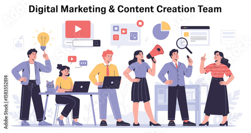 Digital marketing and content creation team illustration with six people using tools like laptops, charts, megaphones, and light bulbs