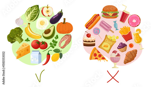 Healthy and unhealthy food. Fast food and sweets vs healthy organic food. Health Care. Vector illustration on white background