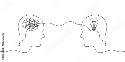 Continuous one line drawing of two heads one with tangled ball in mind and other with light bulb. Concept of solving mental problem and emergence of creative idea. Vector.