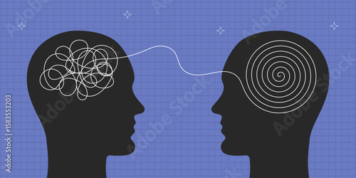 Two human heads silhouette - therapist and patient. Tangled messy line in patient's brain turns into clear spiral line in psychotherapist's head. Concept of solving mental problem. Vector