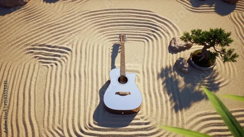 Acoustic guitar resting on a zen garden's raked sand, with a bonsai tree nearby.