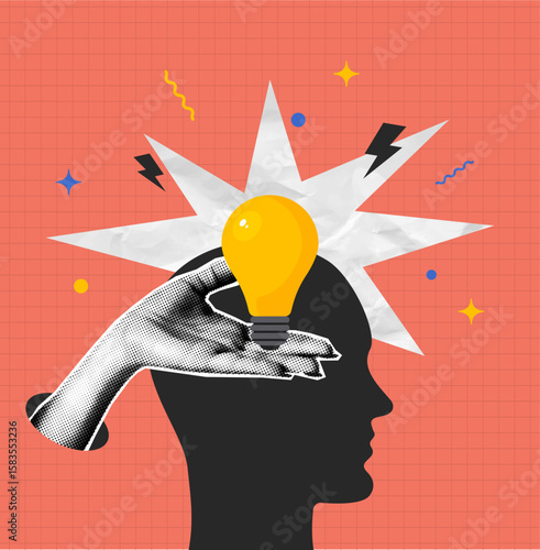 Collage of human head silhouette and halftone hand holding light bulb. Concept of brainstorm, creative idea or creative mind. Collage style poster with halftone elements. Vector.