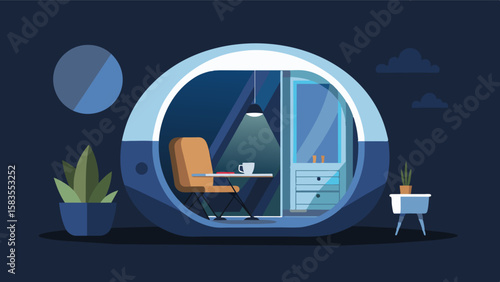 The pods sleek design is enhanced with LED lighting creating a calming ambiance for when the freelancer needs to unwind after a long days work.. Vector illustration