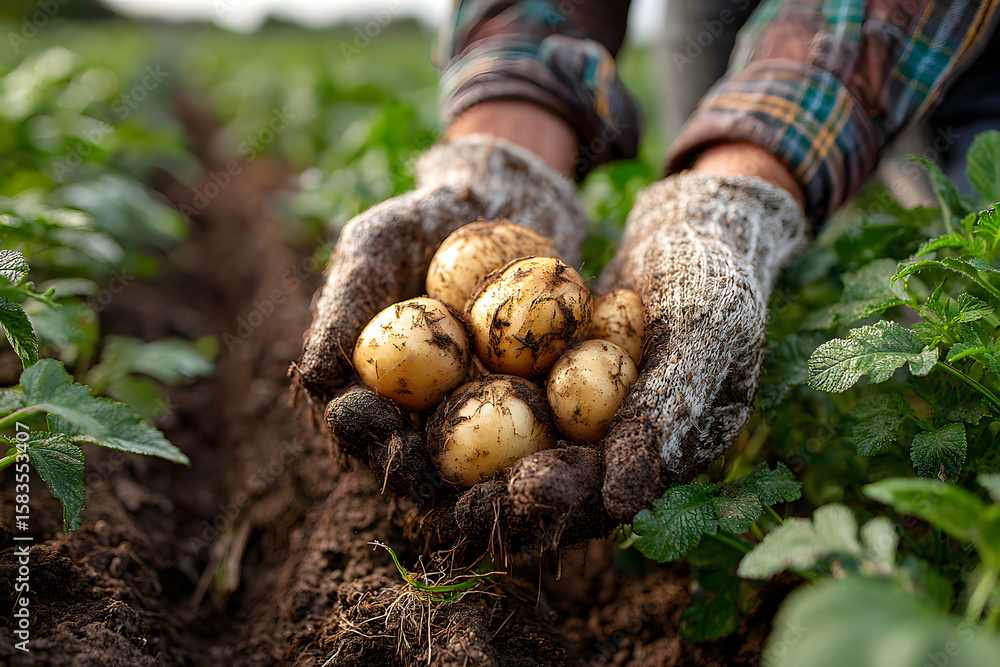 Fresh organic potatoes being harvested directly from the soil in a rural field Fresh organic potatoes being harvested directly from the soil in a rural field