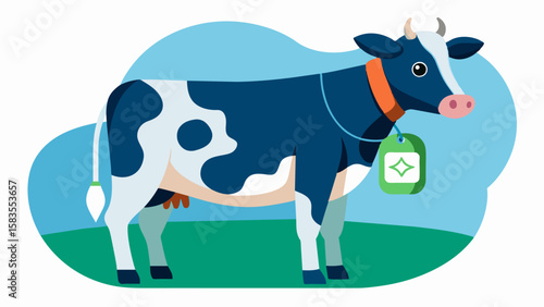 An electronic ear tag on a cow containing information such as its age breed and medical history making it easier for the farmer to keep track of each animal in the herd.. Vector illustration