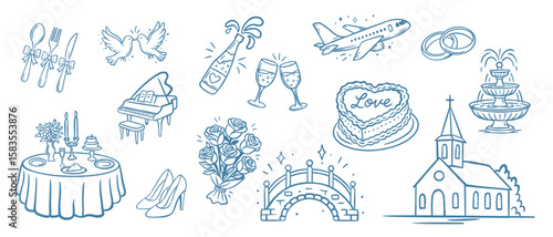 Romantic hand-drawn wedding icon set with church, rings, cake, bouquet, doves, dinner table, airplane, champagne, heels, piano, and more. Perfect for invitations and celebration design.