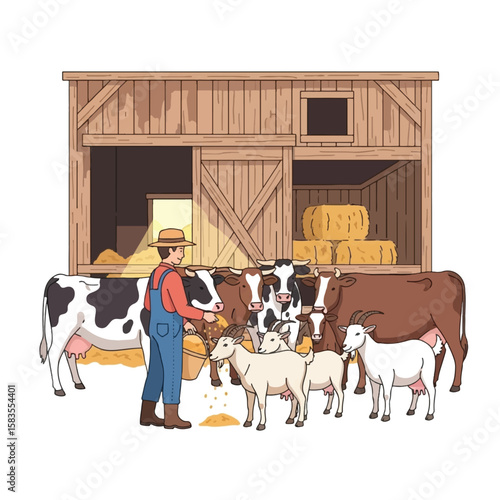 A farmer feeds cows, goats, and other farm animals near a rustic wooden barn.