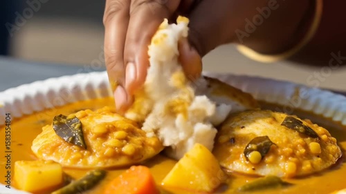 Close Up Of Hand Dipping Idli Into Yellow Curry On A White Paper Plate With Mixed Vegetables