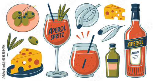 Aperol Spritz cocktail scene with olives, cheese, rosemary garnish, and Aperol bottle—evoking aperitivo culture and Italian charm