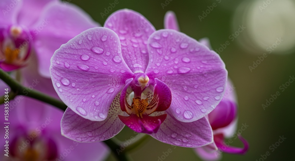 Obraz premium 優しい光浴びる蘭の花 瑞々しい雫と淡い紫. AI Generated