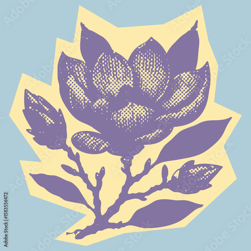  Purple Color Magnolia Flower Papercut Canvas Template Engraving Style Stamp Dot Halftone Vector Design | Hand Drawn Floral Botanical Art for Print, Decor, and Craft Use