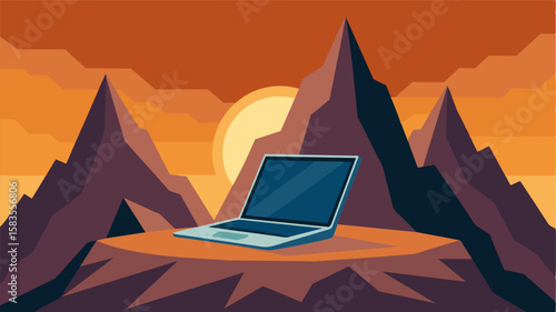 Balanced on a rock formation the laptop provides an unexpected juxtaposition against the towering mountain range in the background.. Vector illustration