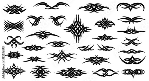 Collection of intricate black tribal tattoo designs with symmetrical and flowing patterns.