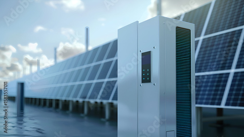 Clean power generation with photovoltaic panels and a modern battery storage unit on a commercial roof using solar energy.