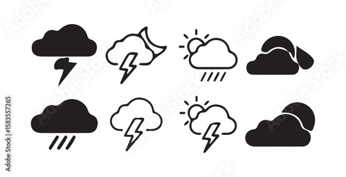 Cloud icon set. Cloud weather sign collection. cloud with lightning icon, rain cloud vector, storm cloud icon. Victor illustration eps 10